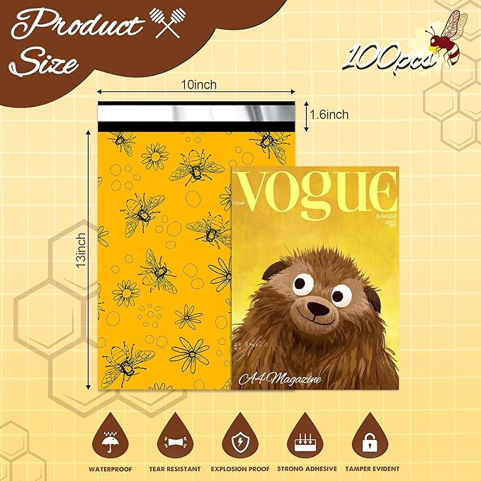 Bees Poly Mailer 10x13 Inch 100 Pcs, Waterproof Shipping Bags for Clothing, Tear-Resistant Mailier Bags, Strong Mailing Bags with Self-Seal-DeskLoop Office