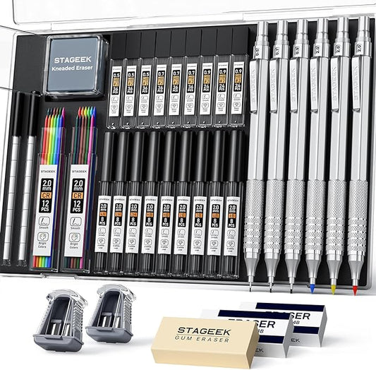 35Pcs Art Mechanical Pencil Set with Case, 0.5 0.7 0.9 2.0 Graphite Metal Drawing Drafting Pencils, Sharpener Erasers 384PCS Lead Refills (6B 4B 2B HB 2H 4H Colors)Pencils for Writing Sketching,Silver-DeskLoop Office