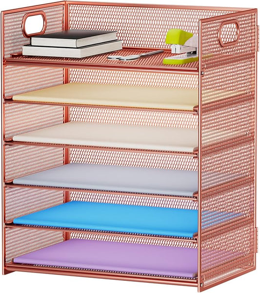 Marbrasse 6 Tier Paper Organizer Letter Tray - Mesh Desk File Organizer with Handle, Paper Sorter Organizer for Letter/A4 Office File Folder Holder - Rose Gold-DeskLoop Office