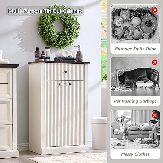 Modern Tilt-Out Trash Can Cabinet, 10 Gallon Fluted Laundry Hamper Cabinet with Drawers, Wooden Hidden Garbage Can Cabinets with Storage Basket, Free Standing for Kitchen and Living Room, White-DeskLoop Office