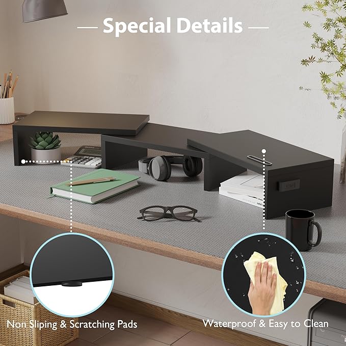 BONTEC Dual Monitor Stand Riser with Smartphone Holder, Adjustable Length & Swivel Angle, Ergonomic Wooden Desktop Organizer for PC Monitor, Laptop, Printer, Large Storage, Black-DeskLoop Office