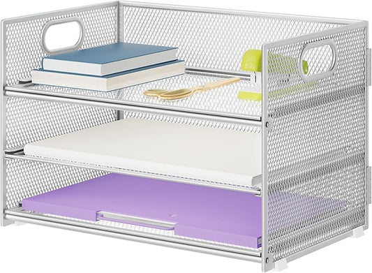 Marbrasse 3 Tier Paper Organizer Letter Tray, Mesh File Organizer with Handle, Paper Sorter Desk Organizer for Home Office Supplies - Silver-DeskLoop Office
