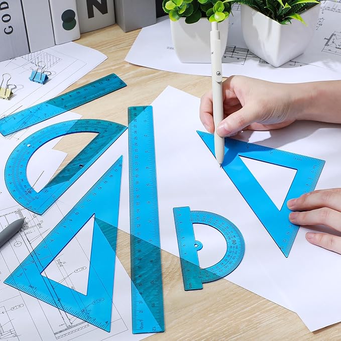 Tenare 6 Pcs Plastic Ruler Math Set Includes 12 Inch 6 Inch Straight Protractor Triangle Geometry Transparent Math Ruler Measuring Tools for School Office Home(Blue)-DeskLoop Office