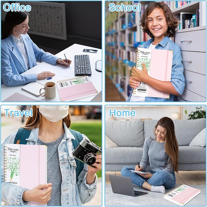 Spiral Notebook 8.3” x 11.6”, 300 Pages/150 Sheets Pink Notebook College Ruled A4 Spiral Notebook Journaling Notebook with Index Sticker, Back Pocket, Elastic Band for Work Business School Note Taking-DeskLoop Office