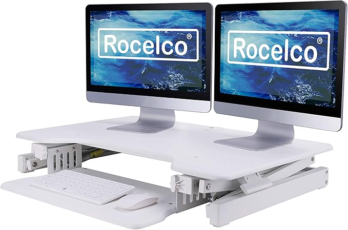 Rocelco 32" Height Adjustable Standing Desk Converter BUNDLE - Sit Stand Computer Workstation Riser with Anti Fatigue Mat - Dual Monitor Retractable Keyboard Tray Gas Spring - Black (R EADRW-MAFM)-DeskLoop Office