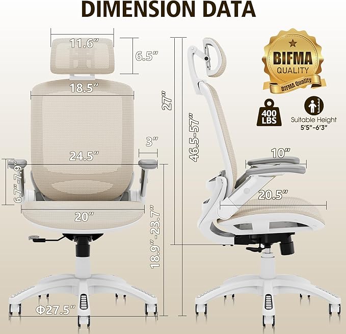 GABRYLLY Ergonomic Office Chair, High Back Home Desk Chair with Headrest, Flip-Up Arms, 90-120° Tilt Lock and Wide Cushion, 400LBS Mesh Chairs for Man Woman, White Task Chair(Beige,GY01WBG)-DeskLoop Office