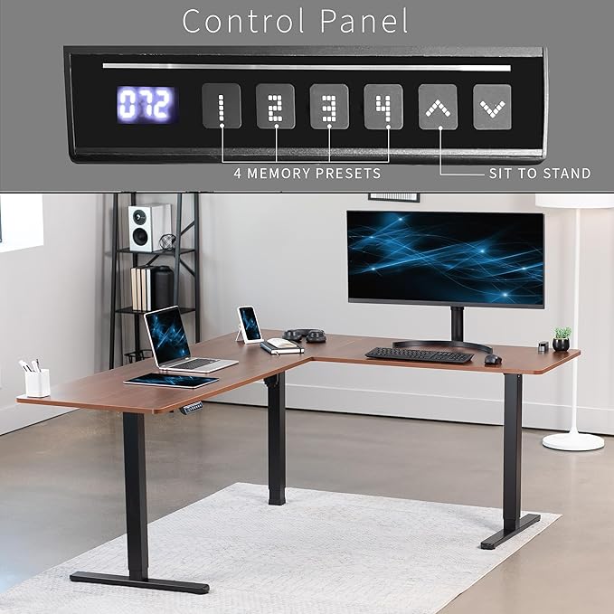 VIVO Electric Corner L-Shaped 75 x 63 in Standing Desk, Memory Height Adjustment, Dark Walnut Top Black Frame, DESK-E3CTD-75-DeskLoop Office