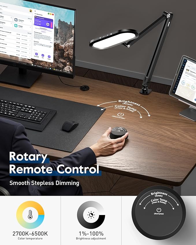 Desk Lamp for Home Office, Eye-Care Dual-Sided Seamless Dimmable LED Desk Light with Knob Remote, Adjustable Arm Clamp Computer Lighting for Video Conference Recording, Zoom Call, Task, Stream-DeskLoop Office