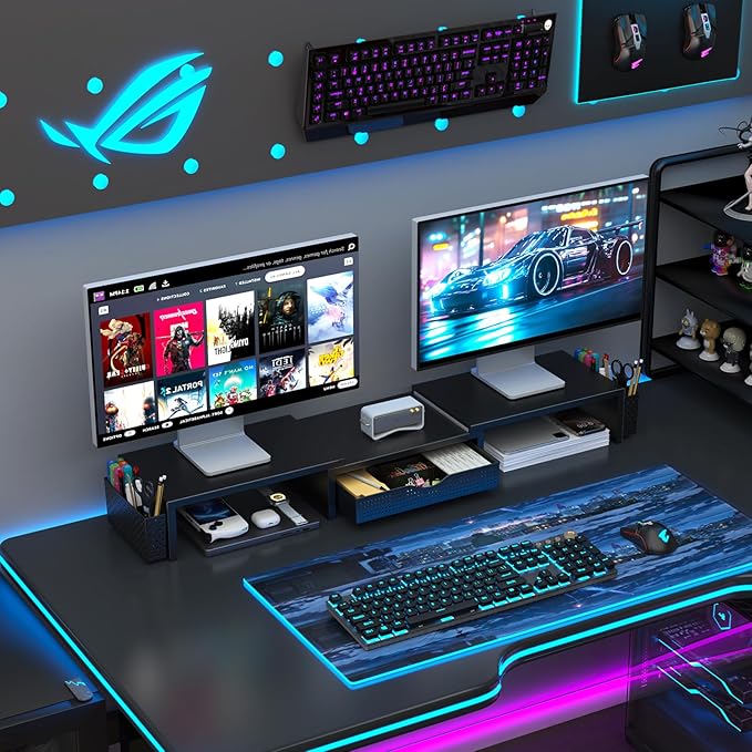 gianotter Dual Monitor Stand Riser, Desk Organizer With Drawer and 2 Pen Holders, Computer Monitor Stand, Desk Shelf for Top of Desk, Balck-DeskLoop Office