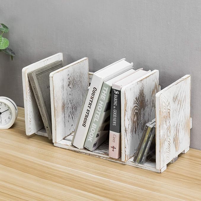 MyGift Rustic Expandable Whitewashed Wood Desktop Bookshelf/Adjustable Tabletop Book Holder Organizer Rack-DeskLoop Office