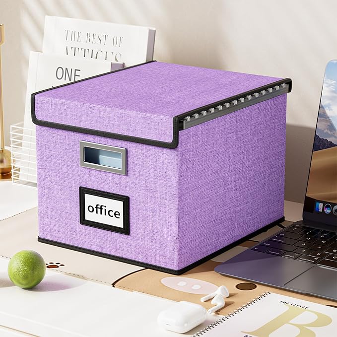 Huolewa Decorative File Organizer Storage Box with Lid, Linen Hanging Filing & Storage Box with Plastic Slide for Office/Decor/Hom, Universal Hanging Filing Organization Box for Letter/Legal Folder-DeskLoop Office