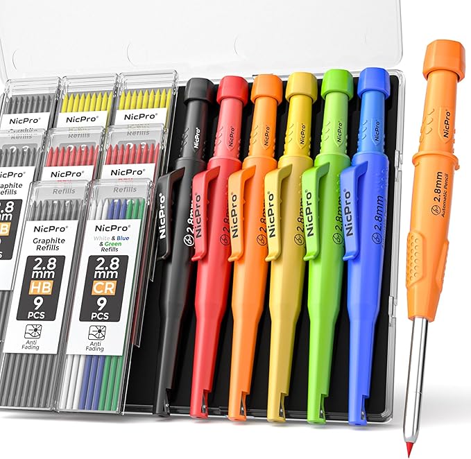 Nicpro 6 Pack CP3000 Carpenter Pencil with Sharpener, Mechanical Pencils Set with 78 Refill, Heavy Duty Construction Pencil, Carpenter Tools for Architect Marking (Red,Black,Yellow,Orange,Green,Blue)-DeskLoop Office
