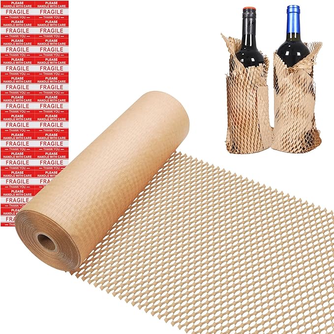 Honeycomb Packing Paper Wrap 12"x100' Sustainable Alternative to Bubble Wrap for Moving Shipping/Gift, Biodegradable & Fully Recyclable Bubble Paper Wrapping with 20 Fragile Sticker……-DeskLoop Office