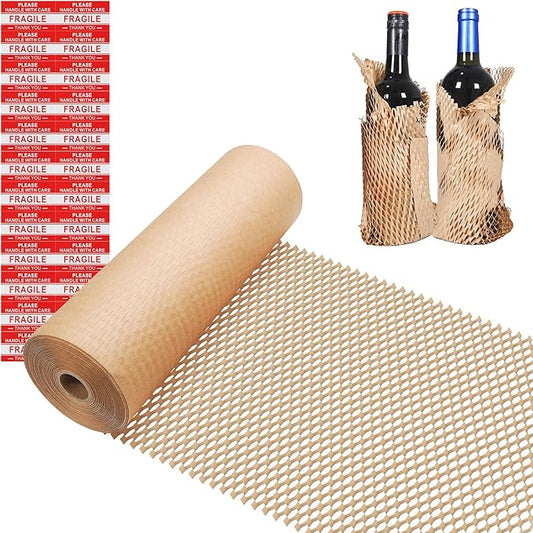 Honeycomb Packing Paper Wrap 12"x100' Sustainable Alternative to Bubble Wrap for Moving Shipping/Gift, Biodegradable & Fully Recyclable Bubble Paper Wrapping with 20 Fragile Sticker……-DeskLoop Office