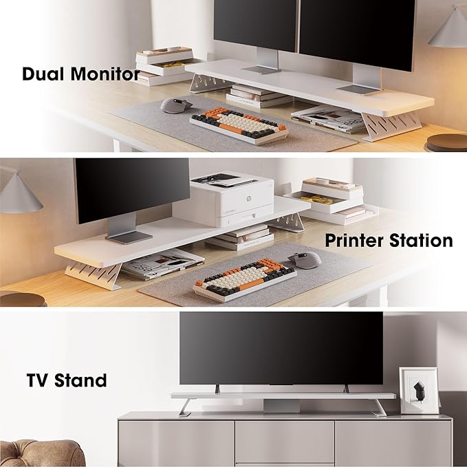 Fenge Dual Monitor Stand Riser, 42.5 Inch Desk Top Shelf for 2 Monitors, Computer Stands for Desk, Wood & Steel Desktop Riser for Laptop, PC, Printer-DeskLoop Office