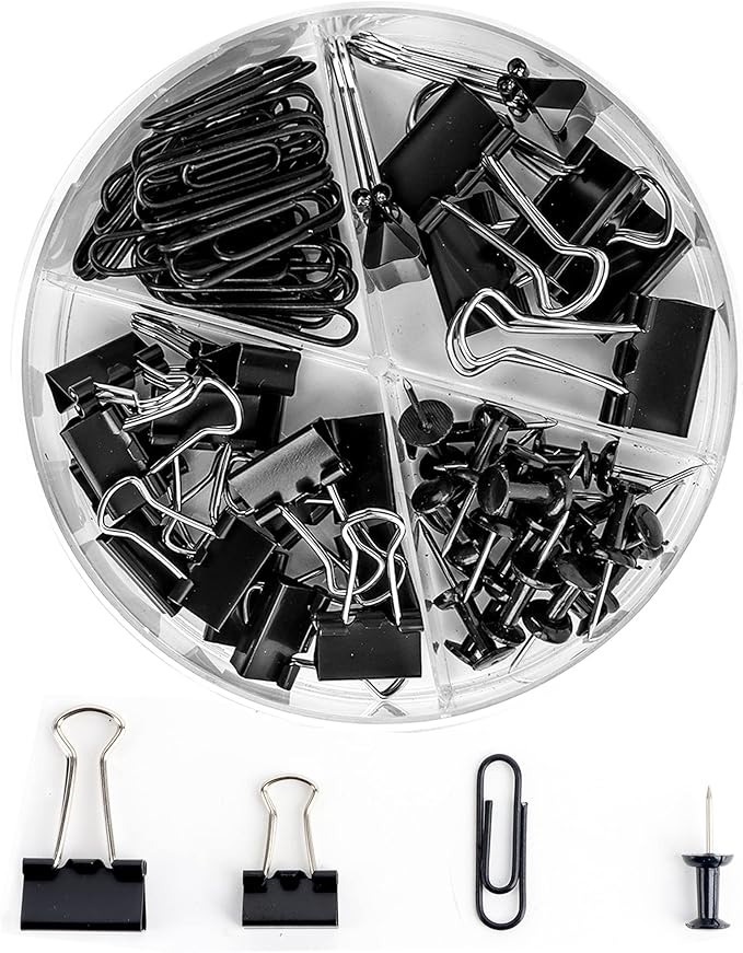 Paper Clips and Binder Clips Set, Metal Assorted Sized Binders with Push Pins, Black Office Supplies for Desk, Durable Desk Accessories-DeskLoop Office