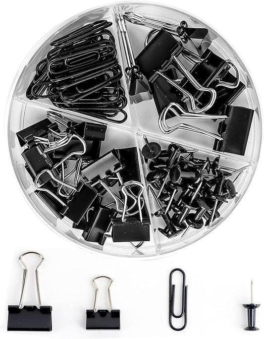 Paper Clips and Binder Clips Set, Metal Assorted Sized Binders with Push Pins, Black Office Supplies for Desk, Durable Desk Accessories-DeskLoop Office