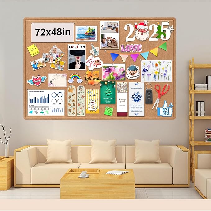 Large Bulletin Board, Foldable 72x48 Inches Cork Board Alternative, Large Felt Board Decorative Pin Board for Wall, Foldable Photo Board Self-Adhesive Vision Board with 36 Pushpins Brown-DeskLoop Office