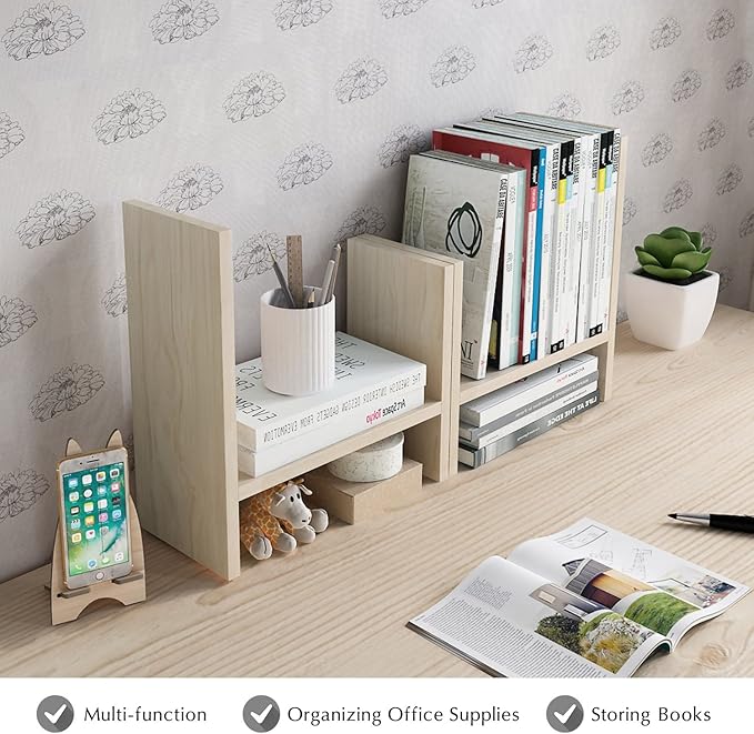 Jerry & Maggie Desktop Organizer Office Storage Rack Adjustable Wood Display Shelf Free Style Double H, Multi-Functional Mini Bookshelf for Desk Natural Stand (White Wood Tone)-DeskLoop Office
