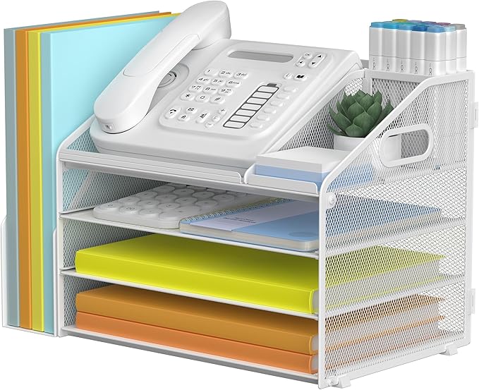 DocNest 4 Tier Paper Letter Tray File Organizer, Mesh Desk File with Handle, Workspace Desk Organizers with Pen Holder, Office Organization Storage Accessories - White-DeskLoop Office