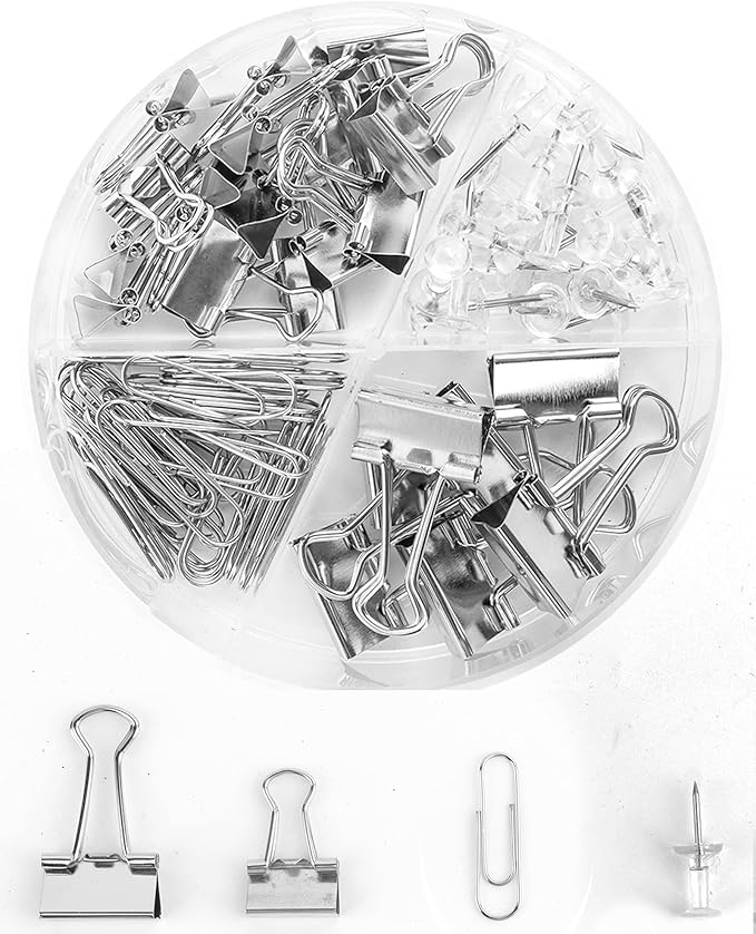 Silver Binder Clips and Paper Clips Push Pins Tacks Sets, Total 72 PCS Assorted Sizes Office Supplies Set for Women, Student, School, Home & Desk Supplies-DeskLoop Office
