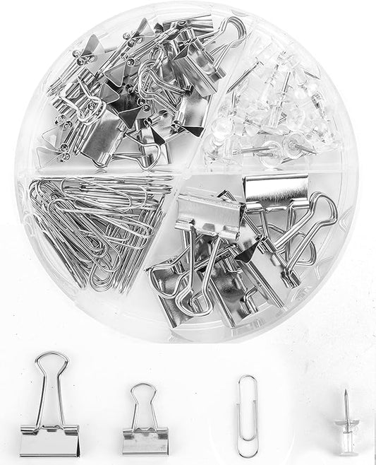 Silver Binder Clips and Paper Clips Push Pins Tacks Sets, Total 72 PCS Assorted Sizes Office Supplies Set for Women, Student, School, Home & Desk Supplies-DeskLoop Office