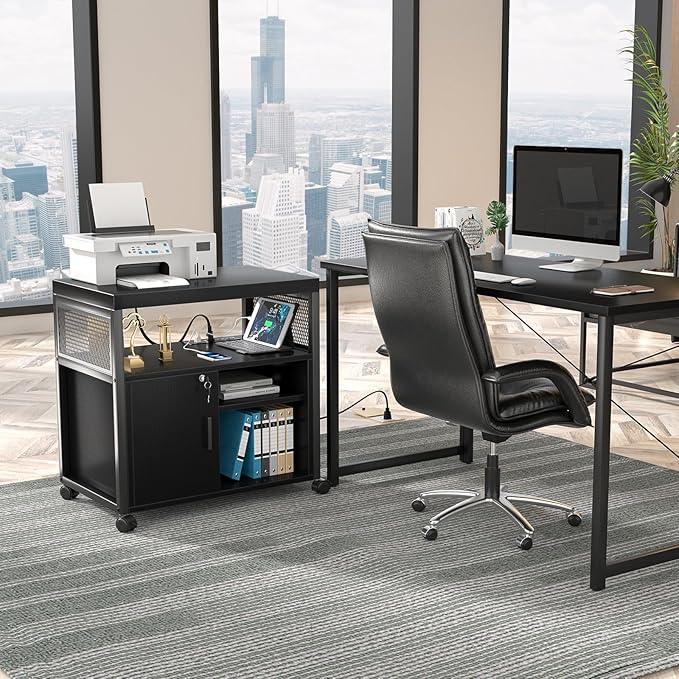 Unikito Lateral File Cabinet, Locking Office Filing Cabinets with Socket and USB Charging Port, Modern Rolling Printer Stand with Storage for A4, Letter Size and File Folders, Black-DeskLoop Office
