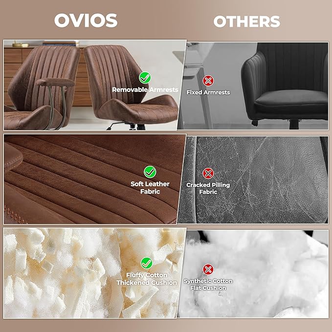 ovios Ergonomic Home Office Chair, Mid-Century Modern Faux Leather Chairs with Padded Armrests, Comfy Mid Back Swivel Rolling Executive Computer Armchair (Dark Brown, Suede Leather)-DeskLoop Office