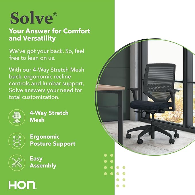 HON Solve Task Chair, Ergonomic Office Chair Mesh Back Support, Adjustable Lumbar, with Wheels, Height-Adjustable Arms, for Computers, Desks, Home Office, Black-DeskLoop Office