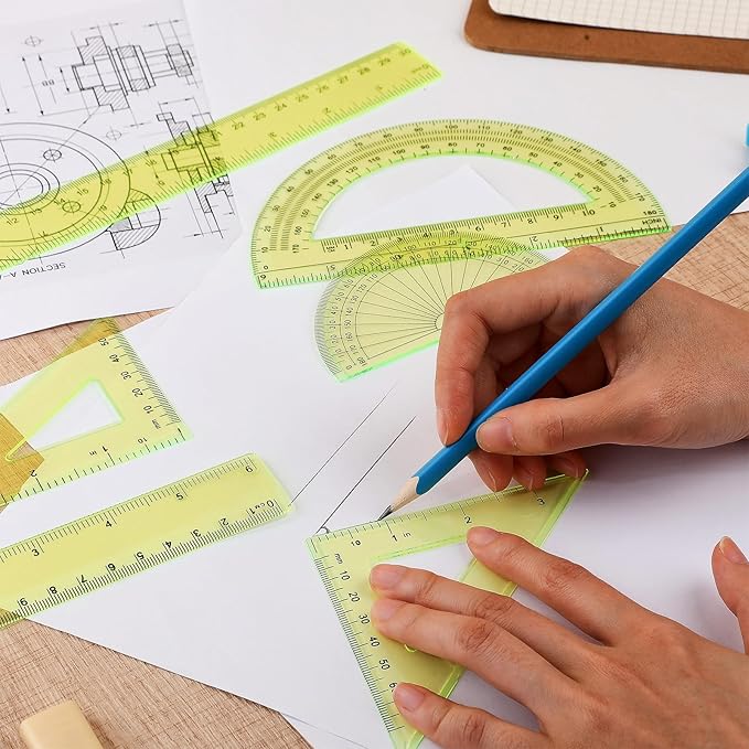 Tenare 1 Set Plastic Clear Math Set Includes Protractor Triangle Rulers 12 Inch 6 Inch Straight Geometry Math Transparent Ruler Measuring Tool for School Office Home Supplies(Yellow)-DeskLoop Office