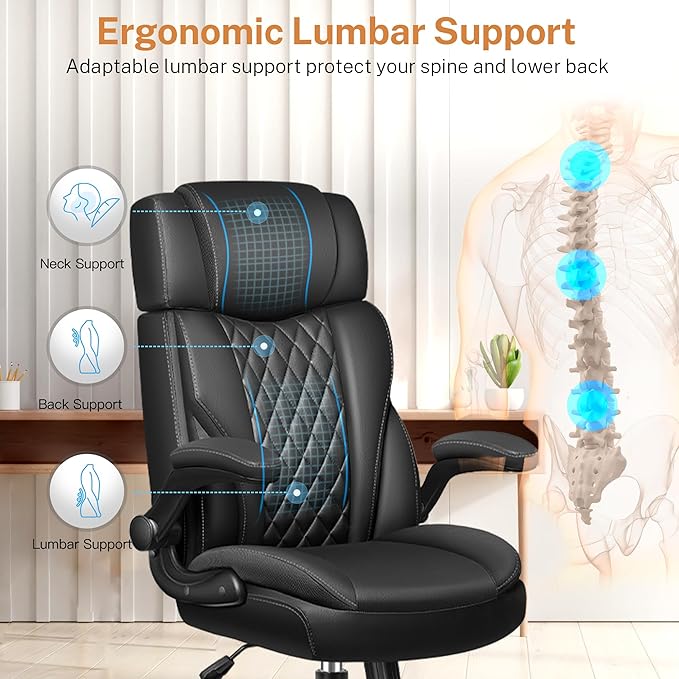 Office Chair Flip Up Arms, Executive Leather Office Chair Ergonomic Desk Chair with Lumbar Support, Adjustable Headrest, Computer Chair Home Office Desk Chair with Rocking Function-DeskLoop Office