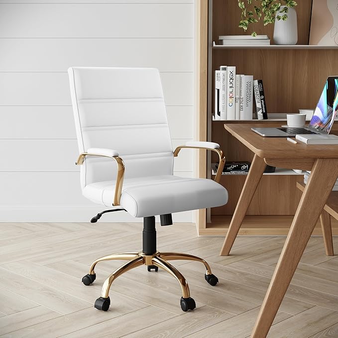 Flash Furniture Whitney Mid-Back Swivel LeatherSoft Desk Chair with Padded Seat and Armrests, Adjustable Height Padded Office Chair, White/Gold-DeskLoop Office
