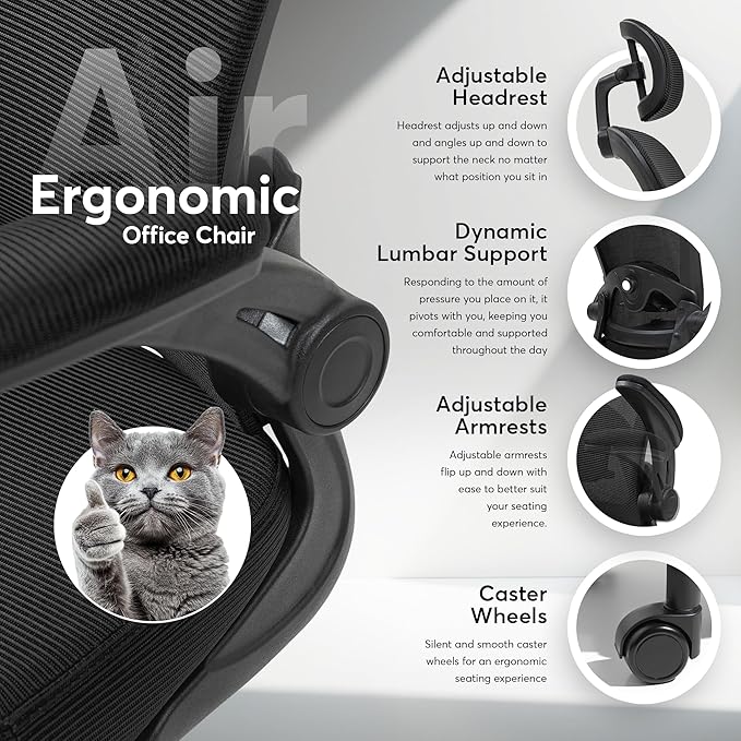 Oline ErgoAir Ergonomic Office Chair – Adjustable Lumbar Support, Flip-Up Armrests, Mesh Computer Desk Chair, Swivel Rolling Executive Gaming Chair for Home & Office (Black)-DeskLoop Office