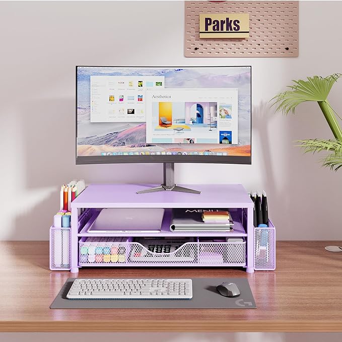 Desk Organizers and Accessories, 2-Tier Computer Monitor Stand Riser with Drawer and 2 Pen Holders, Laptop Stand, Office Desk Accessories for Office Supplies, Purple-DeskLoop Office