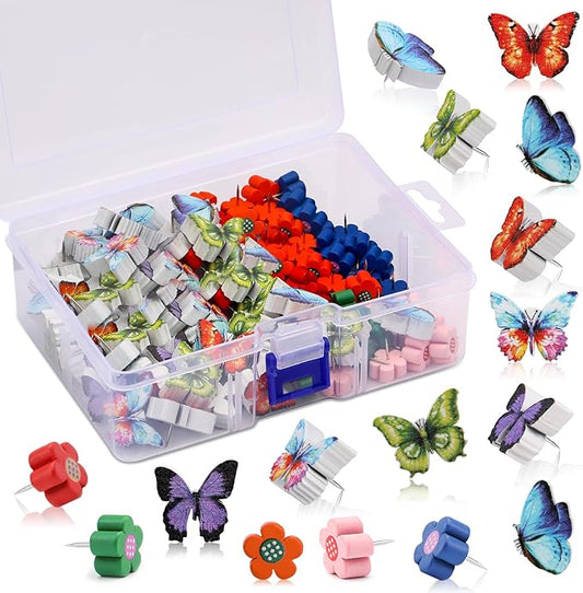 80 Pcs Push Pins for Cork Board, Decorative Thumb Tacks Wooden Push Pins Head Pin Wood Map Tacks Pin, Wood Thumb Tacks for Bulletin Boards Craft Projects with Storage Box-Flower and Butterfly-DeskLoop Office