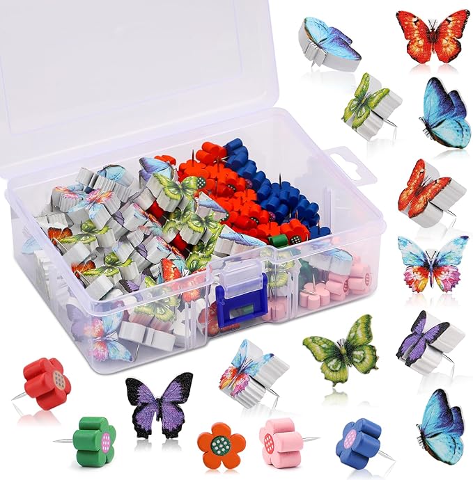 80 Pcs Push Pins for Cork Board, Decorative Thumb Tacks Wooden Push Pins Head Pin Wood Map Tacks Pin, Wood Thumb Tacks for Bulletin Boards Craft Projects with Storage Box-Flower and Butterfly-DeskLoop Office