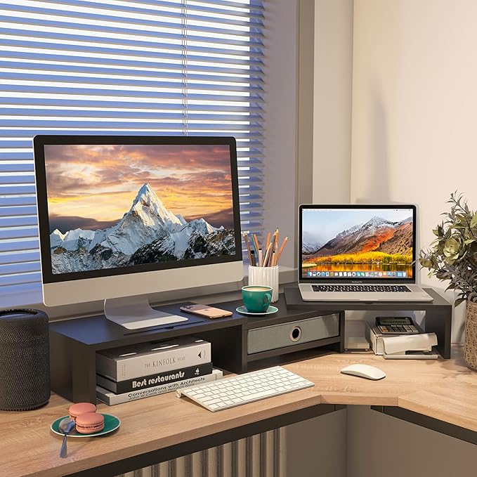 WESTREE Dual Monitor Stand Riser with Drawer, Adjustable Length and Angle Monitor 2 Solts for Phone & Tablet, Desktop Organizer Stand for Computer/Laptop/PC/Printer-DeskLoop Office