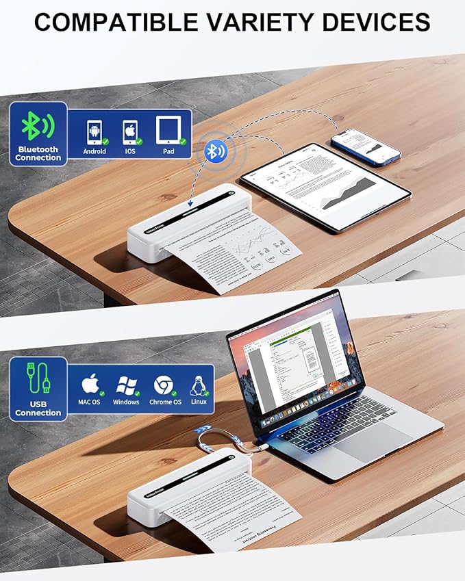 COLORWING M832 Portable Printers Wireless for Travel, 300DPI Mini Compact Inkless Printer, Thermal Bluetooth Printer Compatible with Android and iOS Smartphone & Tablet & Laptop - White-DeskLoop Office