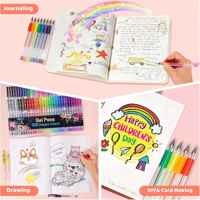 120 Color Gel Pens, 40% More Ink Fine Point Colored Pens, Neon Glitter Gel Pens for Adult Coloring Book, Drawing, Doodling, Scrapbook, Journaling, Sparkle Pen Gift for Kids-DeskLoop Office