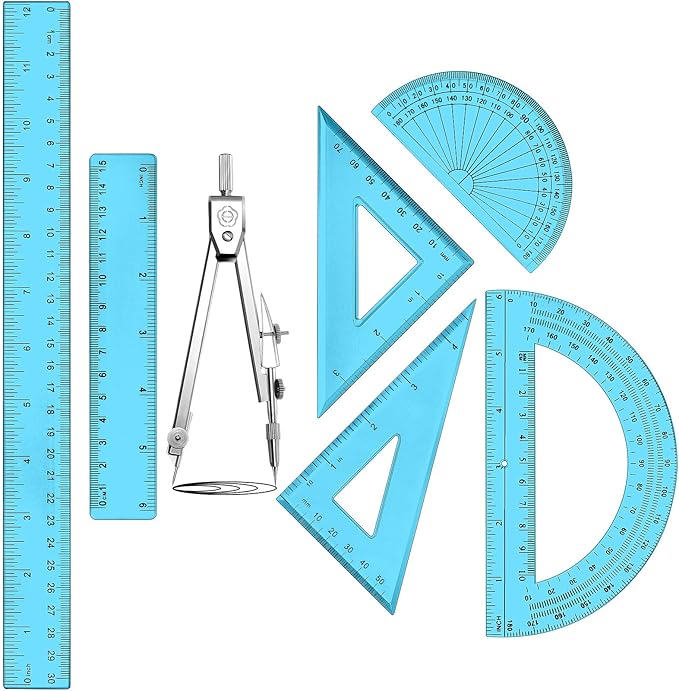 Zonon 1 Set Plastic Geometry Math Set Includes Drawing Compass, 6 Inch 4 Inch Protractor, 45/60 Degree Triangle Rulers 12 Inch 6 Inch Math Ruler Transparent for Office Supplies(Blue)-DeskLoop Office