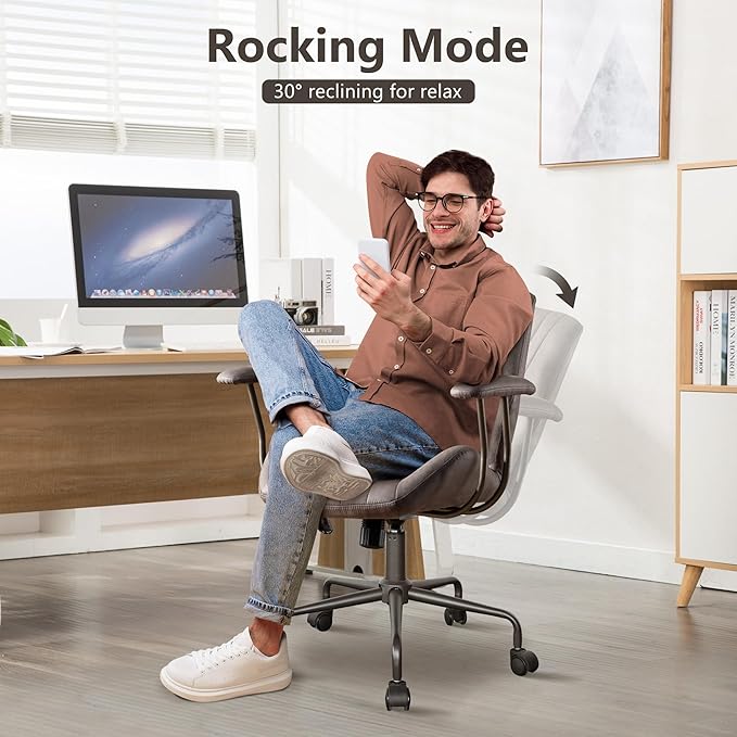 Mid Century Modren Office Chair - Mid Back Swivel Executive Chair with Lumbar Support,Ergonomic Computer Desk Chair with Wheels,Faux Lether Suede Task Chair,350lbs (Grey, Mid Back)-DeskLoop Office