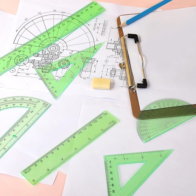Tenare 1 Set Plastic Clear Math Set Includes Protractor Triangle Rulers 12 Inch 6 Inch Straight Geometry Math Transparent Ruler Measuring Tool for School Office Home Supplies (Green)-DeskLoop Office