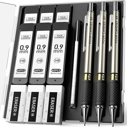 Four Candies Metal Mechanical Pencil Set - 3PCS 0.9mm Art Mechanical Pencils & 360PCS HB Lead Refills & 3PCS Erasers & 9PCS Eraser Refills, Drawing Mechanical Pencils for Writing, Sketching/With Case-DeskLoop Office