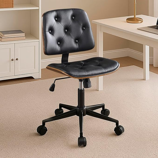 Small Home Office Chair – Armless Mid-Back Desk Chair with PU Leather, Adjustable Height, Swivel Wheels, Modern Walnut Legs for Small Spaces, Black-DeskLoop Office