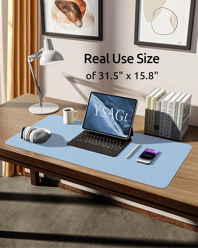 YSAGi Leather Desk Protector, Office Mat, Large Mouse Mat, Non-Slip PU Leather Blotter, Laptop Desk Pad, Waterproof Writing Pad for Office and Home (Baby Blue, 31.5" x 15.8")-DeskLoop Office