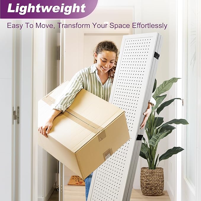 Room Divider, 5.6FT Folding Room Divider Panel, 6 Panel Pegboard Display Wood Partition Wall Divider for Room Separation& Craft Shows, White-DeskLoop Office