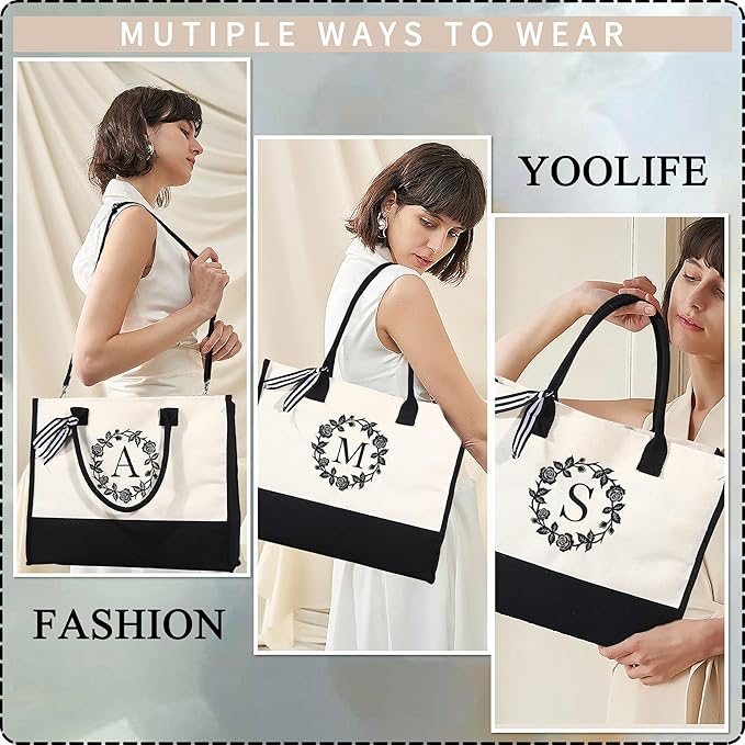 YOOLIFE Personalized Gifts Initial Canvas Tote Bag for Women, Best Friend Birthday Gifts for Women Mom Her Bridesmaid Wedding Wife Girlfriends Gifts Teacher Appreciation Gifts Bridal Shower Gifts T