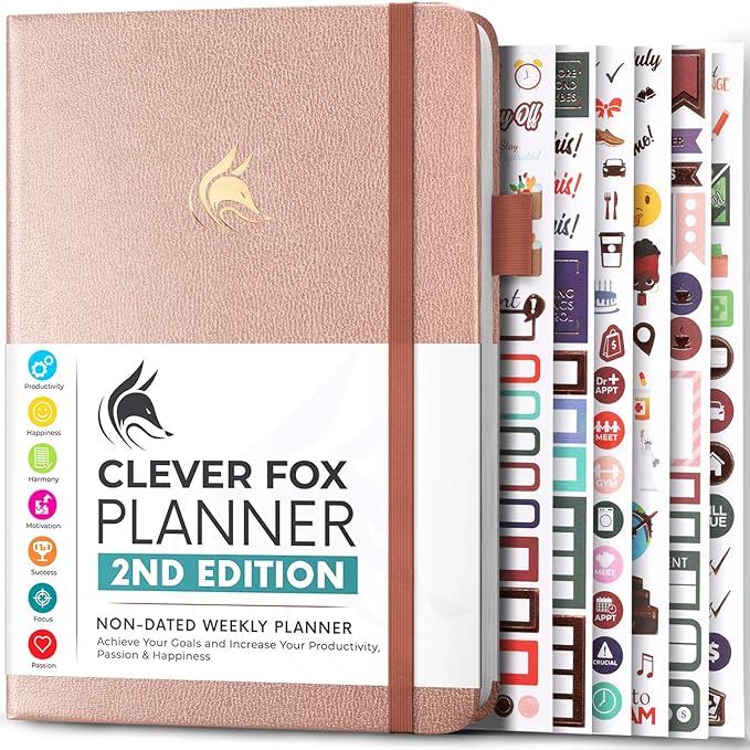 Clever Fox Planner 2nd Edition – Colorful Weekly & Monthly Goal Planner, Time Management & Productivity Organizer, Undated, A5 (Rose Gold)-DeskLoop Office