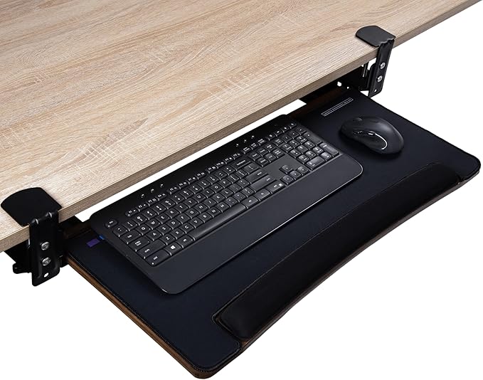 D'vine Dev Under Desk Keyboard Tray with Wrist Rest Bamboo Wood Keyboard Drawer with Full Size Mouse Pad, Walnut Color, KBT-2-DeskLoop Office