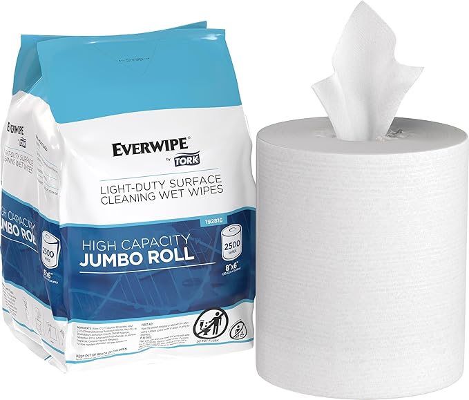 Everwipe by Tork Light-Duty Surface Cleaning Wet Wipe Jumbo Rolls White W12, Cleans and Deodorizes, 2 x 2500 wipes, 192816-DeskLoop Office